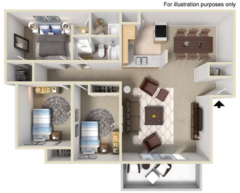 Floor plan for 3 beds, 2 baths, 1050 sqft